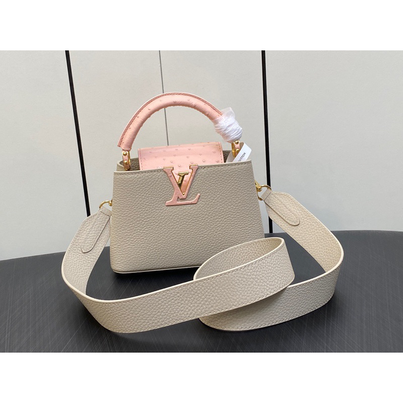 Louis Vuitton Capucines Bag Like Au Nhập Khẩu Da Taurillon Xám và Da Đà Điểu Hồng Nguyên Chiếc Phần Cứng Mạ Vàng