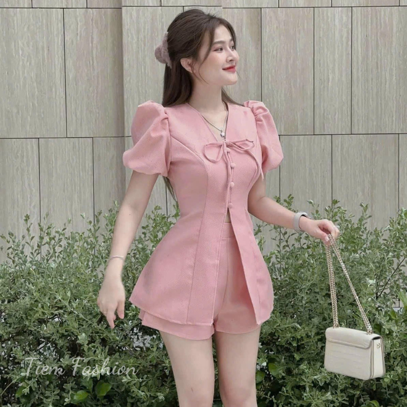 Set Đồ Bộ Nữ Tay Phồng Xẻ Vạt Cao Tốn Dáng Nút Bọc Thắt Nơ Siu Xinh Sét Đồ Bộ Màu Hồng Sang Chảnh Đi Chơi