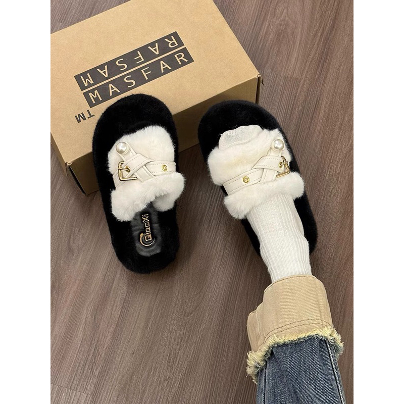 Dép lông cho nữ đính ngọc quai ngang đế dày cao 4cm