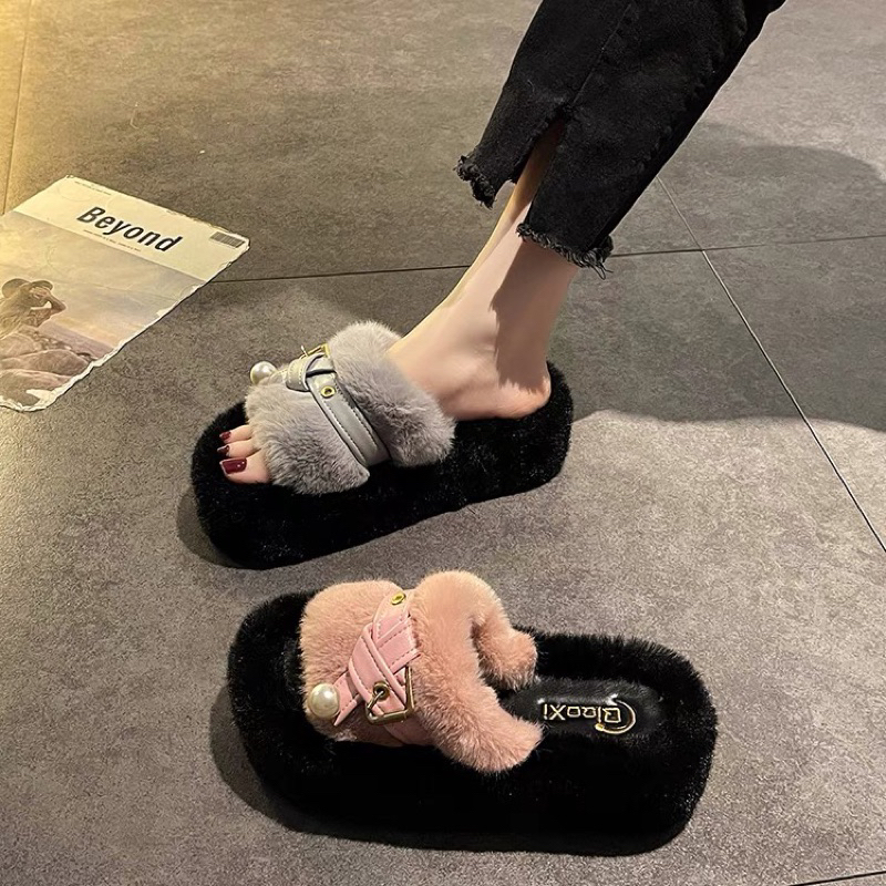 Dép lông cho nữ đính ngọc quai ngang đế dày cao 4cm