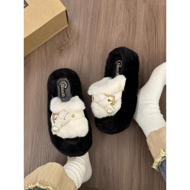 Dép lông cho nữ đính ngọc quai ngang đế dày cao 4cm