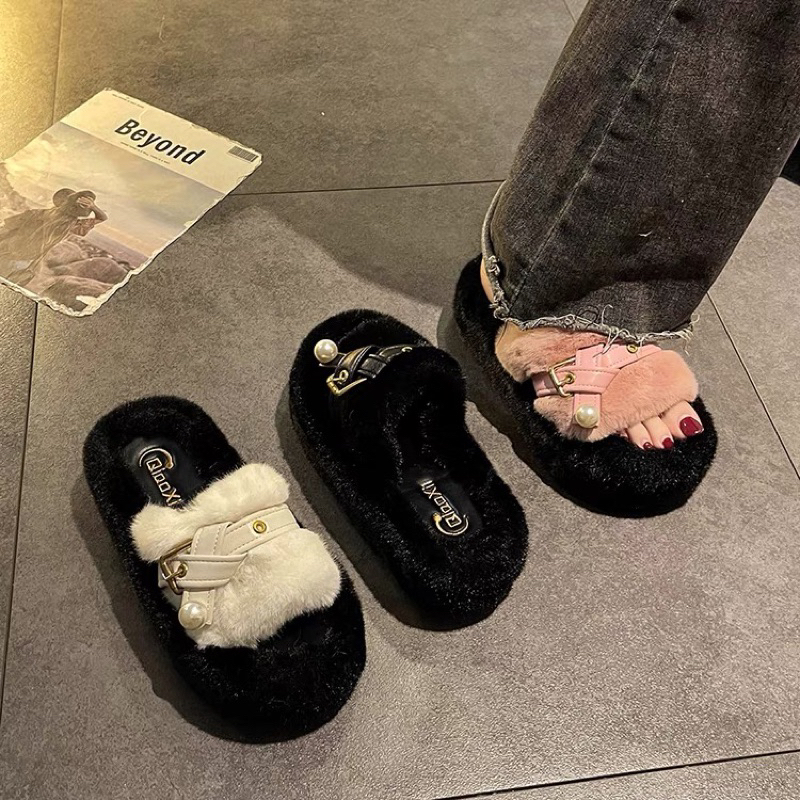 Dép lông cho nữ đính ngọc quai ngang đế dày cao 4cm