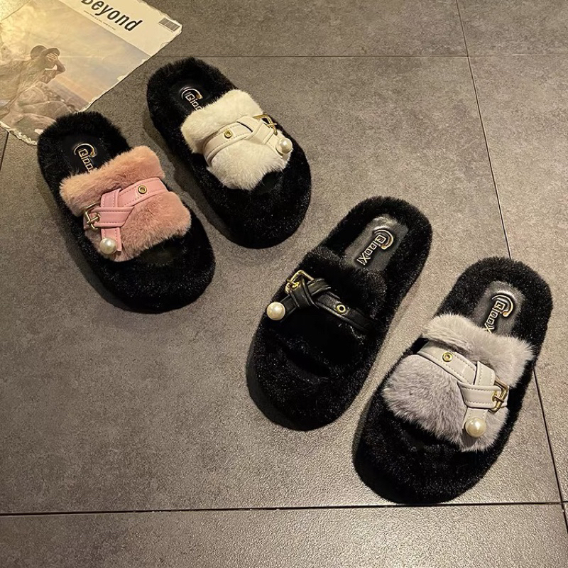 Dép lông cho nữ đính ngọc quai ngang đế dày cao 4cm