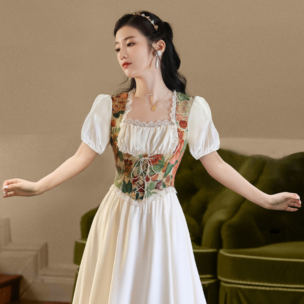 Đầm Nữ Phối Họa Tiết Tranh Sơn Dầu Phong Cách Retro Pháp D31