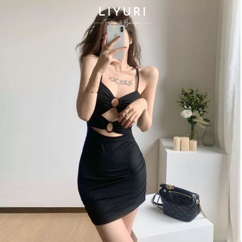 Đầm body 2 dây phối vòng ngực dây choàng cổ