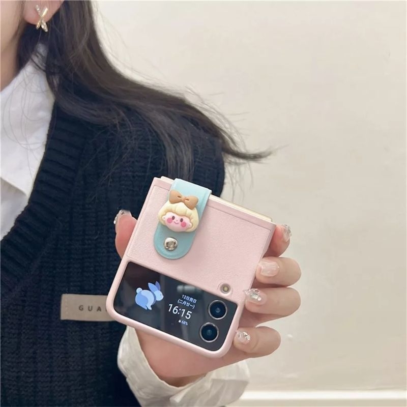 Ốp Z Flip5 - Z Flip4 - Z Flip3 - Flip5 5G da phối xanh hồng pastel charm em bé dễ thương kèm quai da cầm tay