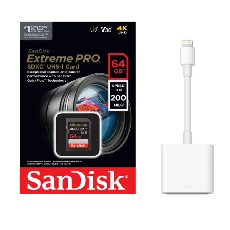 Combo Thẻ Nhớ Sandisk 64GB 200MB + Đầu Đọc Thẻ Nhớ Lightning | Hàng Chính Hãng