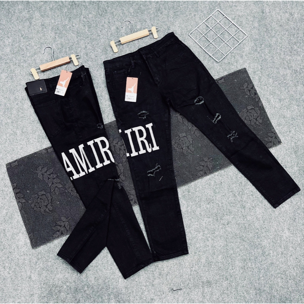 Quần jean nam chất denim cao cấp màu đen rách vá da kèm thêu logo dáng skinny chuẩn form YUKI OUTFIT 2354