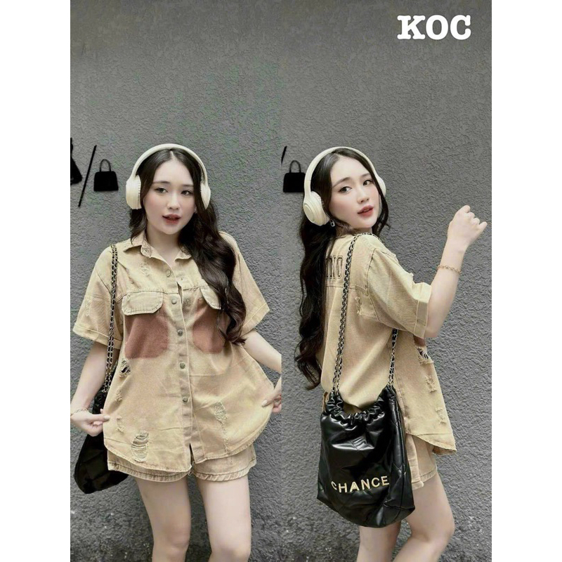 Set bộ áo sơ mi jean rách phối quần short cá tính VIENS STORE
