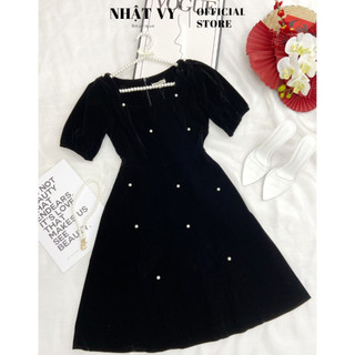 Đầm dự tiệc Nhật Vy tay ngắn phồng cổ vuông chiết eo dáng xoè chất nhung phù hợp đi chơi sang chảnh - D1831