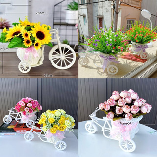 (Cắm sẵn) Xe đạp nhựa kèm hoa 28cm*25cm  tỉ muội, trà bi, hướng dương, cánh bướm - Hoa giả trang trí