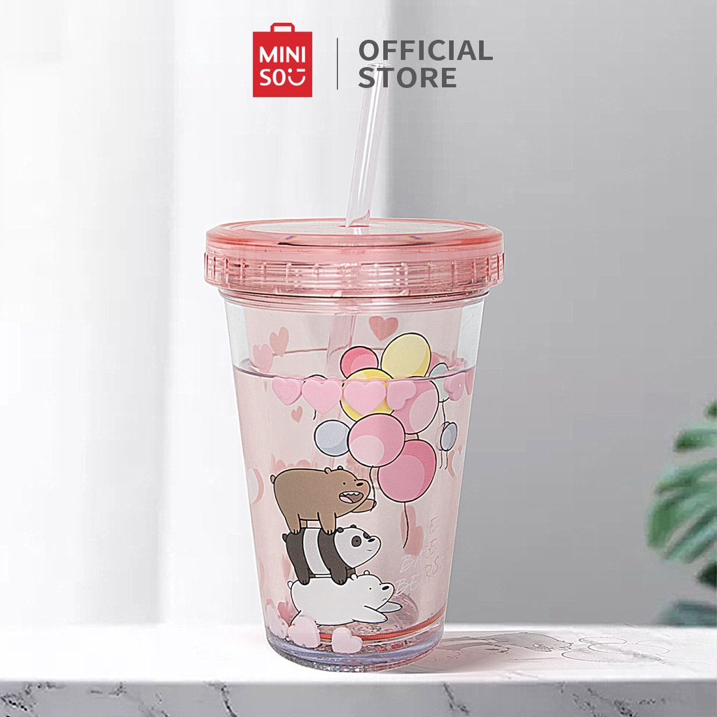 Ly nhựa 640ml We Bare Bear x Miniso có nắp kèm ống hút nhiều(giao ngẫu nhiên)