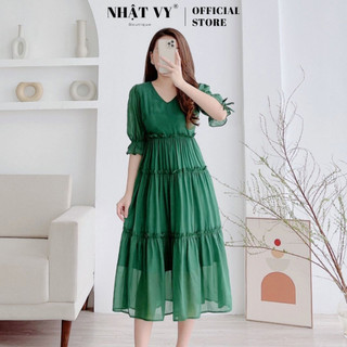 Đầm maxi đi chơi Nhật Vy cổ tim tay lửng bo thun phối nơ dáng xoè có lót chất voan ánh kim phù hợp du lịch - D2630