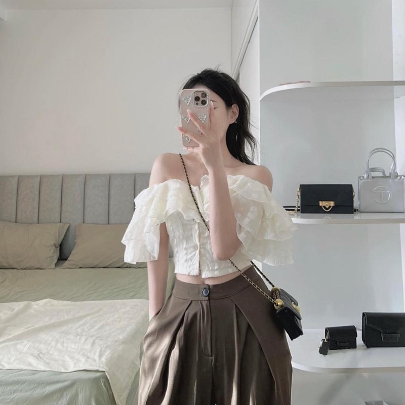 Áo kiểu trễ vai bèo tầng dự tiệc voan hoa nổi ALICE TOP thiết kế tôn dáng