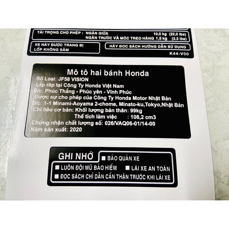 Bộ Tem Thông Số + Năm sản xuất + ghi nhớ Vision New VS  2014 2015 2016 2017 2018 2019