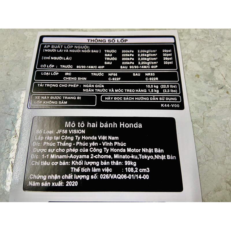 Bộ Tem Thông Số + Năm sản xuất + ghi nhớ Vision New VS  2014 2015 2016 2017 2018 2019