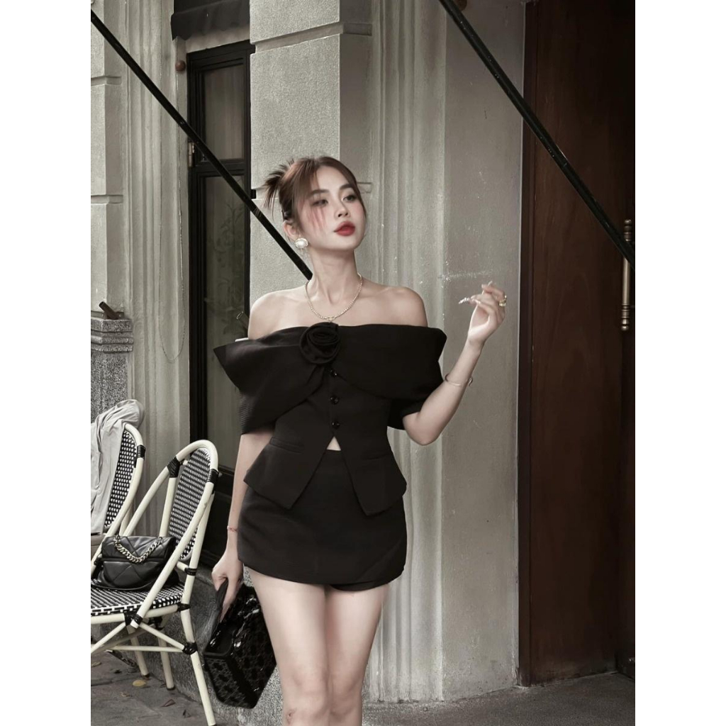 Set áo trễ vai chân váy chữ A by Thư shop G09