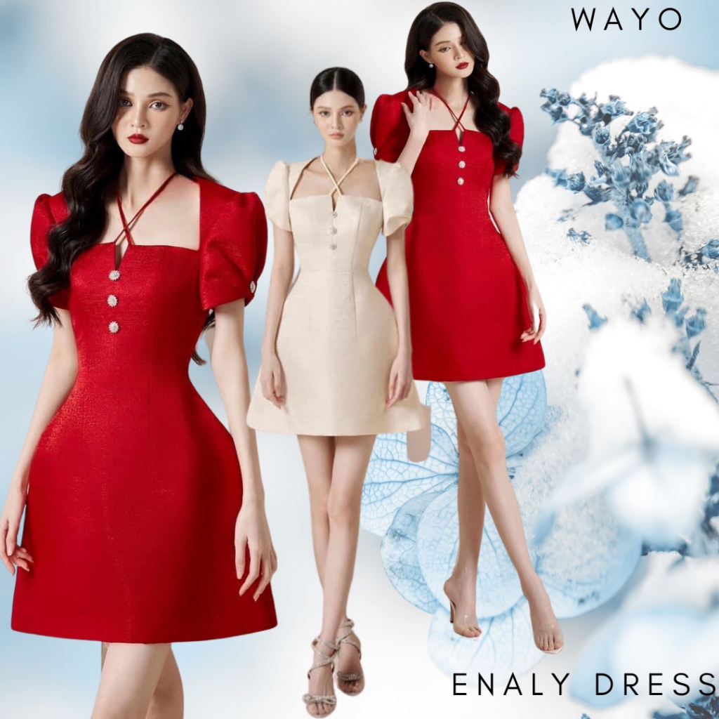 Đầm WAYO thiết kế cổ yếm tay bồng phối nút tafta vân đá cao cấp dự tiệc sang trọng