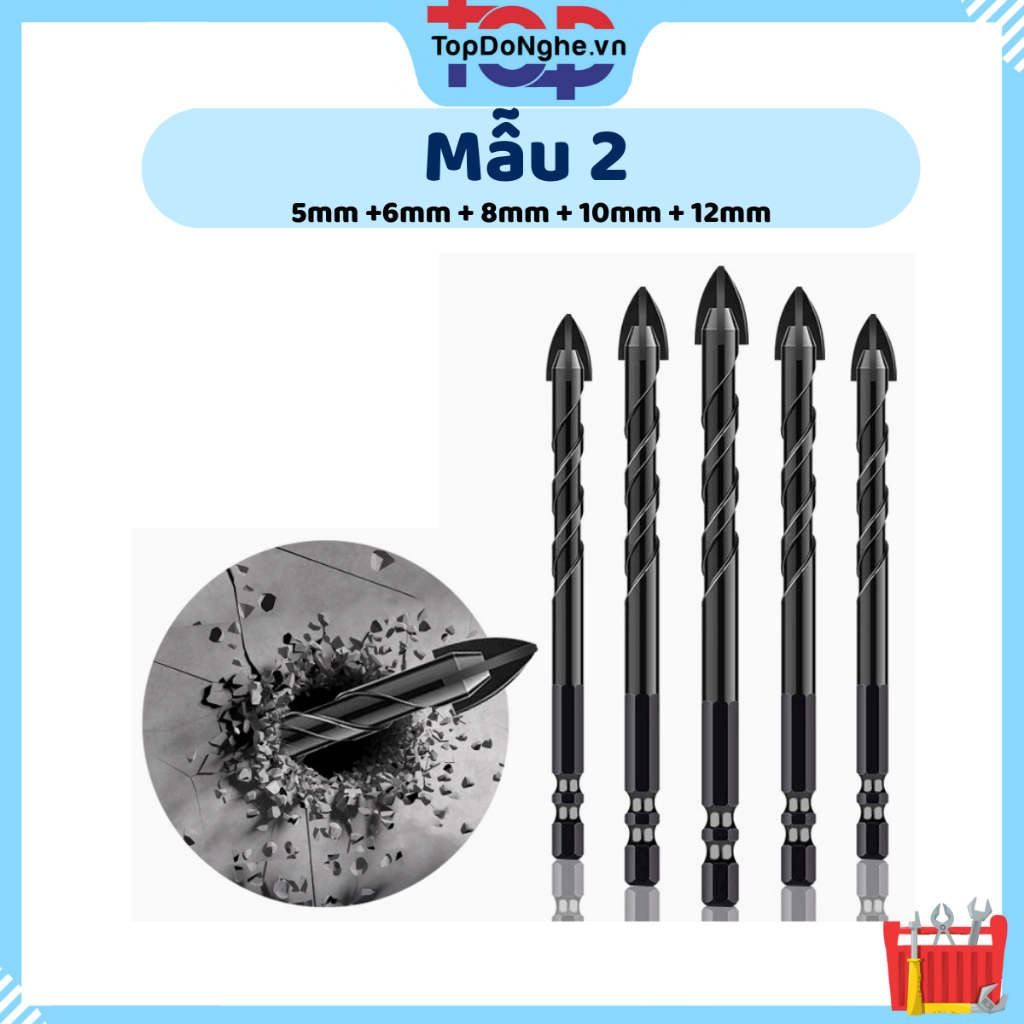 Bộ mũi khoan đa năng 2 cạnh và 4 cạnh chân lục giác từ 5-12mm khoan gạch, bê tông, sắt