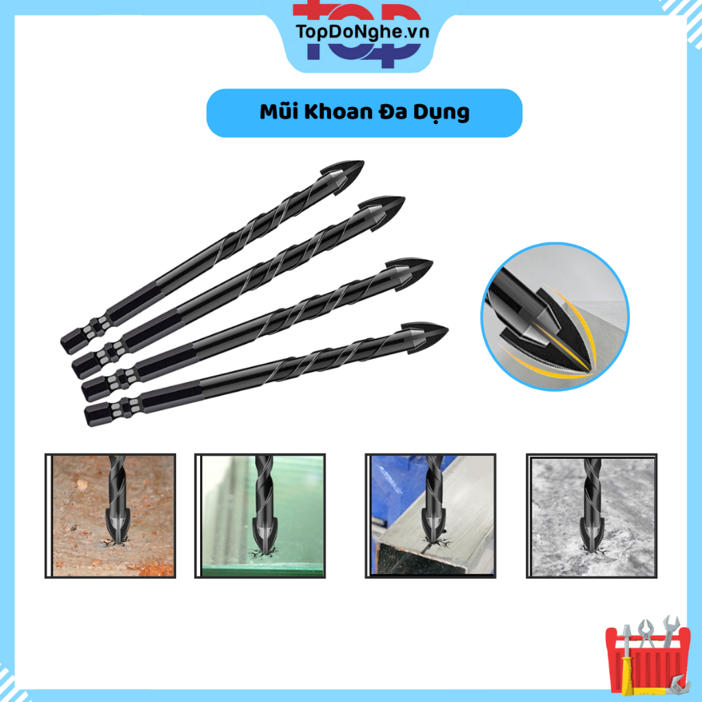 Bộ mũi khoan đa năng 2 cạnh và 4 cạnh chân lục giác từ 5-12mm khoan gạch, bê tông, sắt
