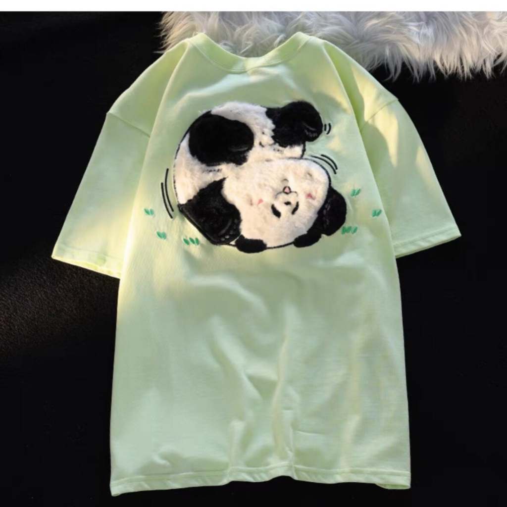 Áo phông nam nữ form rộng 2N Unisex thun cotton in hình gấu Panda thêu lông màu trắng/xanh