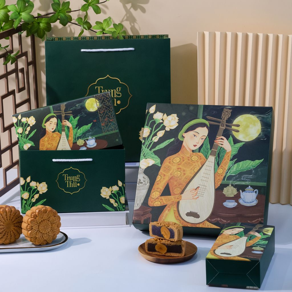 Bộ túi & hộp giấy 2 bánh 4 bánh trung thu 125-250g mẫu Dạ Cầm-kèm dao dĩa