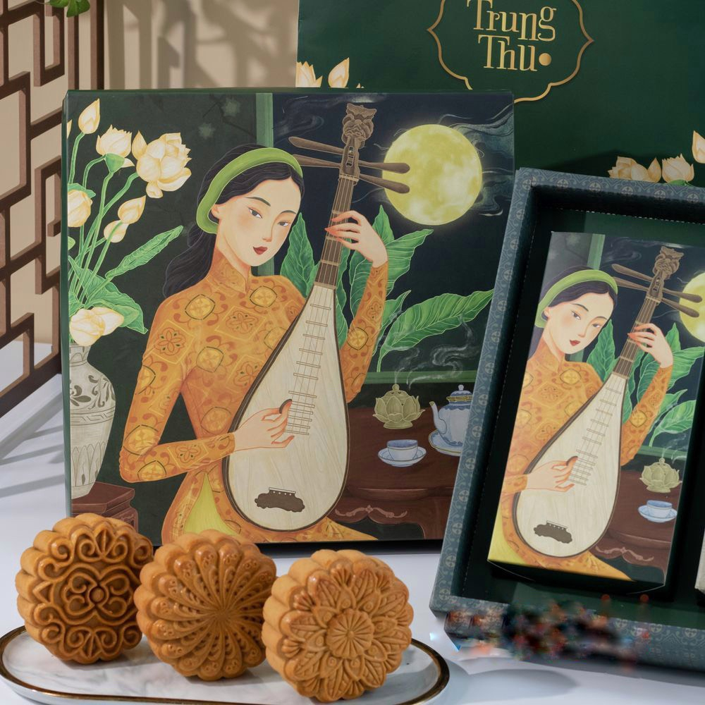 Bộ túi & hộp giấy 2 bánh 4 bánh trung thu 125-250g mẫu Dạ Cầm-kèm dao dĩa