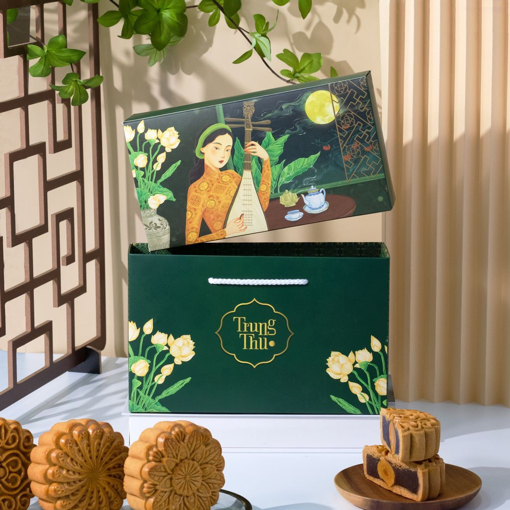 Bộ túi & hộp giấy 2 bánh 4 bánh trung thu 125-250g mẫu Dạ Cầm-kèm dao dĩa