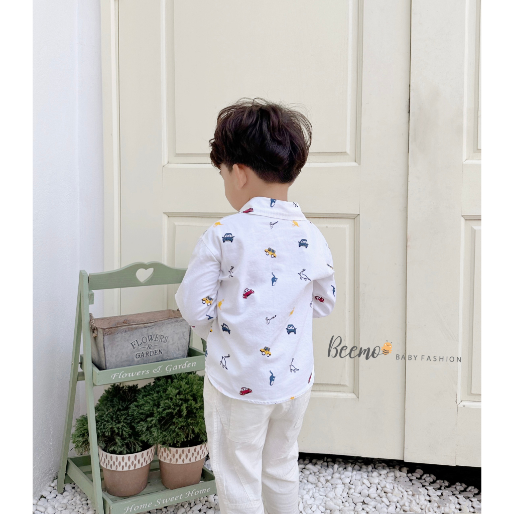 Áo sơ mi dài tay Beemo cho bé trai cổ đức in xỏa hình ô tô bảnh bao đi học, đi chơi từ 8-23kg B23351AD