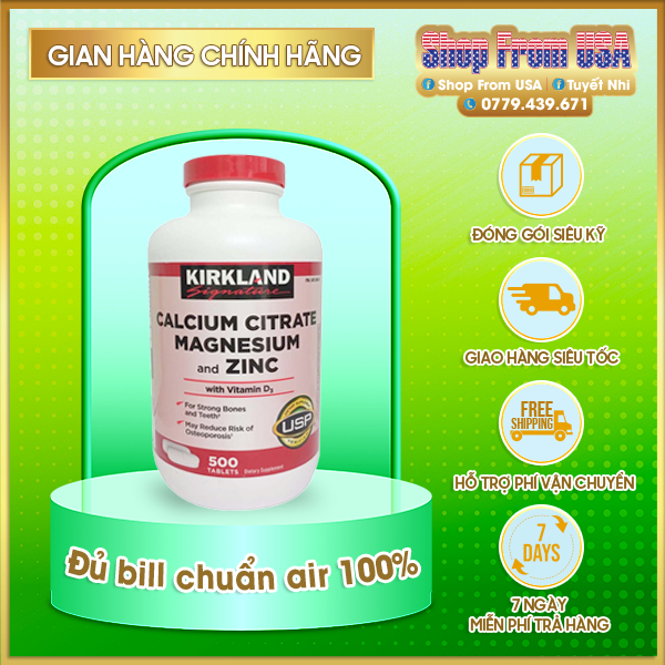 Viên Uống Bổ Sung Canxi Kirkland Signature Calcium Citrate Magnesium Zinc Vitamin D3 Phòng Ngừa Loãng Xương 500 Viên/lọ