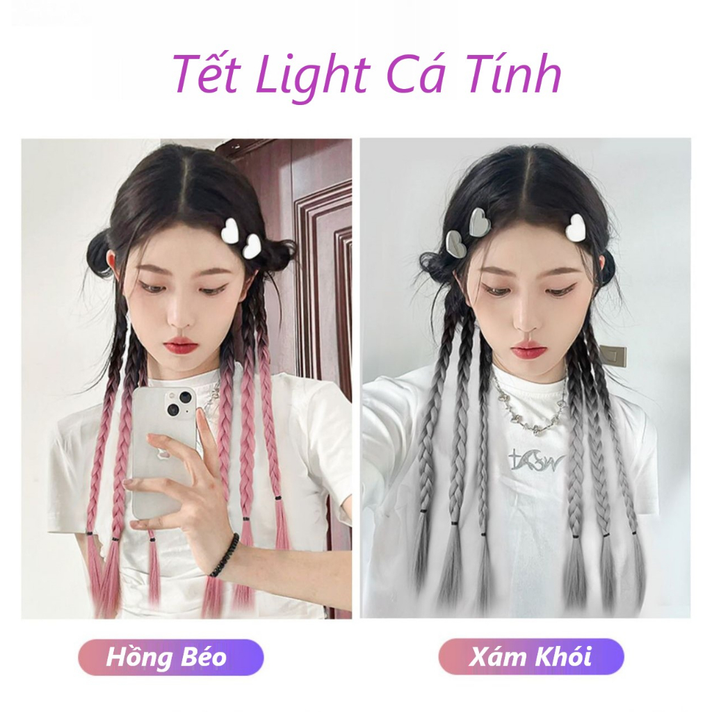 Giá 2 bên, Tóc Giả Thắt Bím Dây Buộc Tóc Tết Cá Tính kèm Light