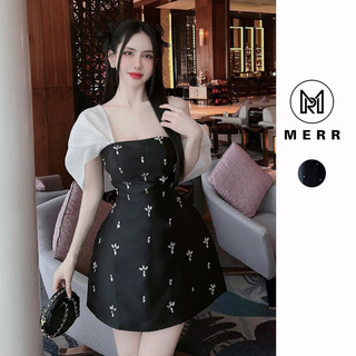 [MERR2052] Đầm Tafta Đính Đá Tay Tơ Rớt Vai Kèm Ảnh Thật | MERRCHUYENVAY