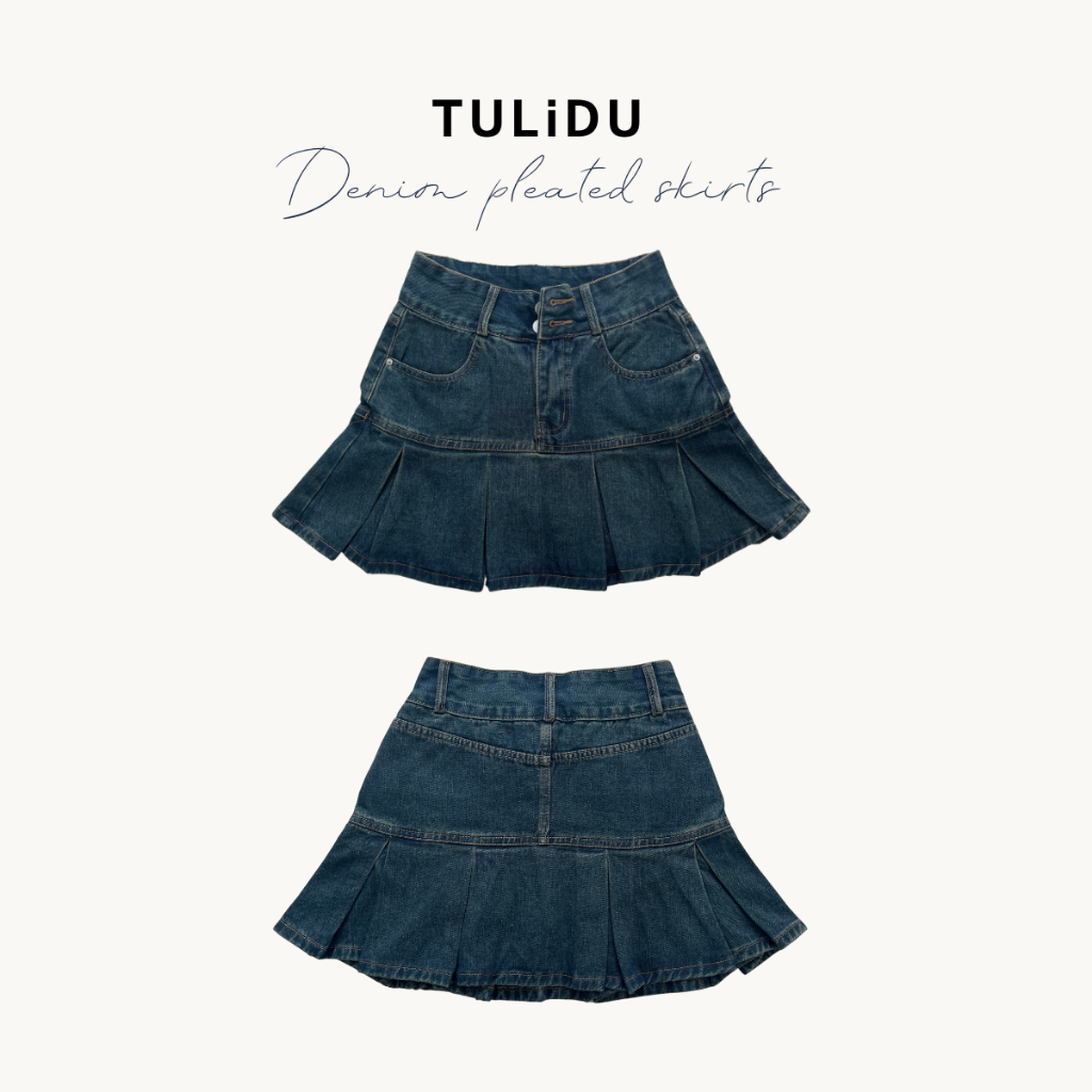 Chân váy xếp ly "Maya Skirt Jeans" Tulidu chân váy jean 2 cúc màu xanh phủ rêu có lót trong