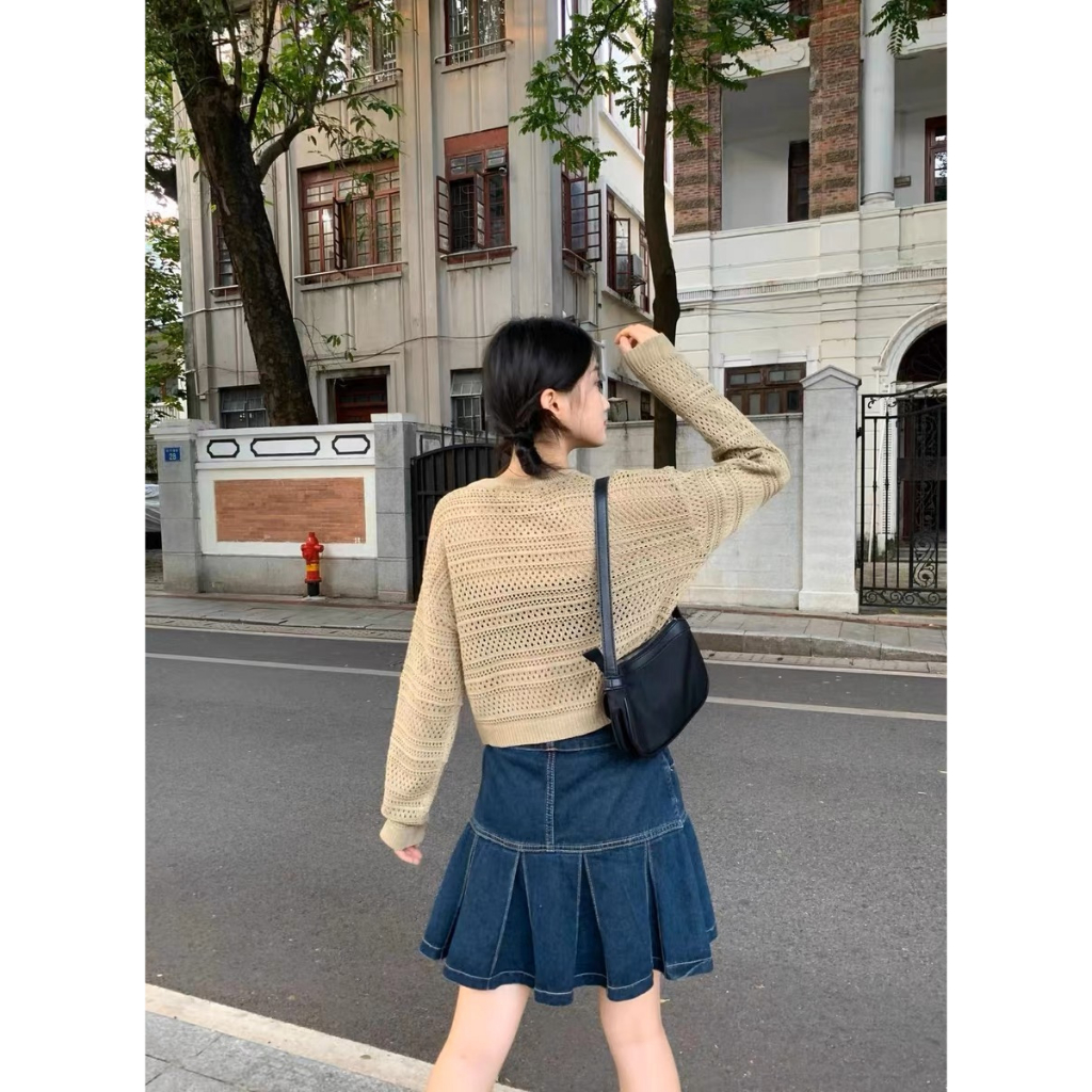 Chân váy xếp ly "Maya Skirt Jeans" Tulidu chân váy jean 2 cúc màu xanh phủ rêu có lót trong