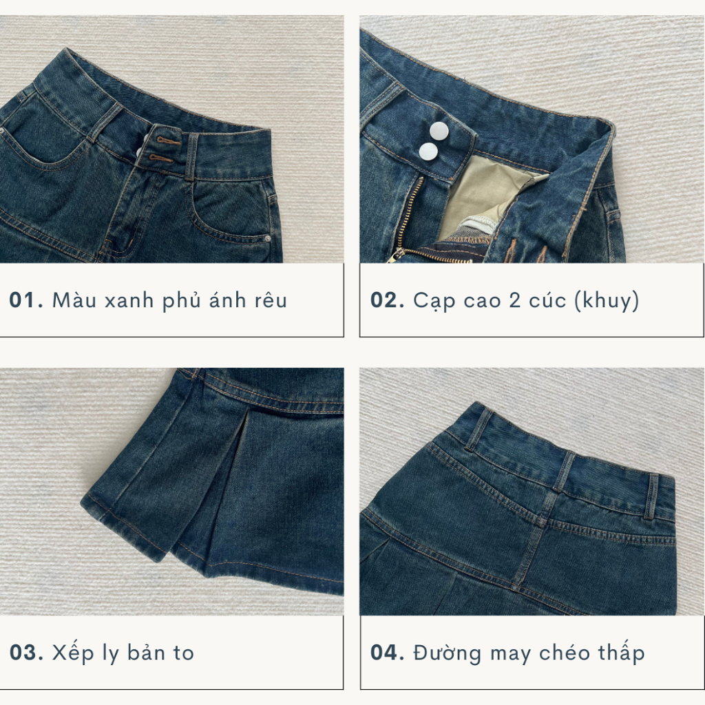 Chân váy xếp ly "Maya Skirt Jeans" Tulidu chân váy jean 2 cúc màu xanh phủ rêu có lót trong