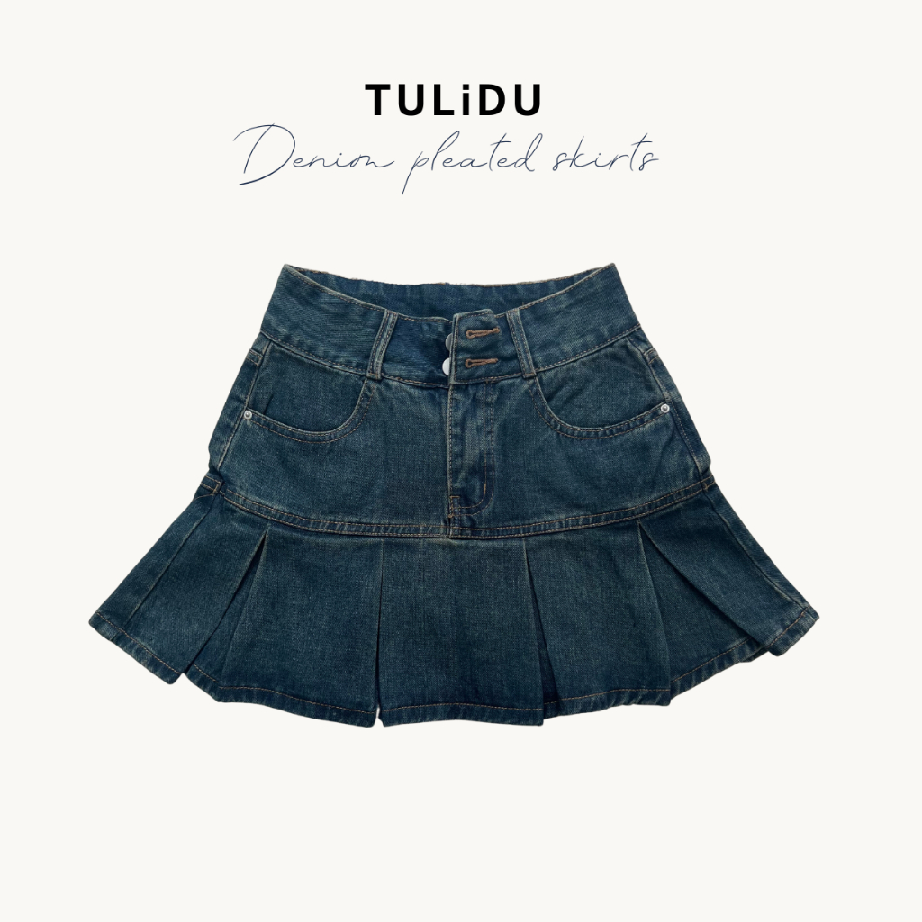 Chân váy xếp ly "Maya Skirt Jeans" Tulidu chân váy jean 2 cúc màu xanh phủ rêu có lót trong