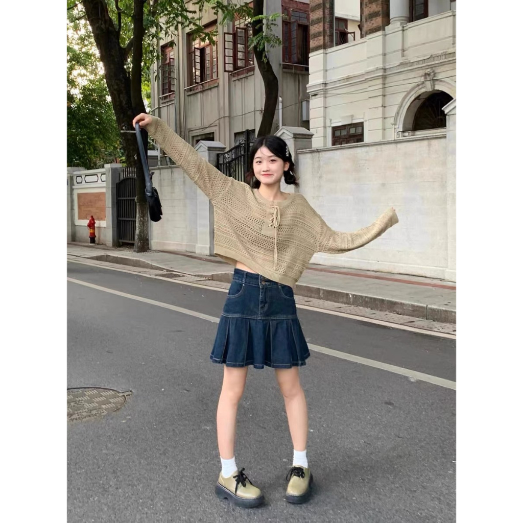 Chân váy xếp ly "Maya Skirt Jeans" Tulidu chân váy jean 2 cúc màu xanh phủ rêu có lót trong