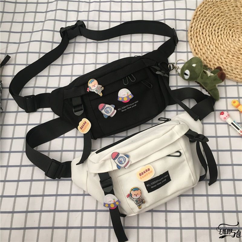 Túi bao tử trắng đen sức chứa nhiều nhỏ gọn vải canvas phong cách đơn giản dễ phối quần áo basic phù hợp đi chơi du lịch