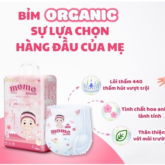 Bỉm Tã dán/ quần MOMO DIAMOND ORGANIC S64,M62,M60,L54,XL50,XXL48,XXXL46