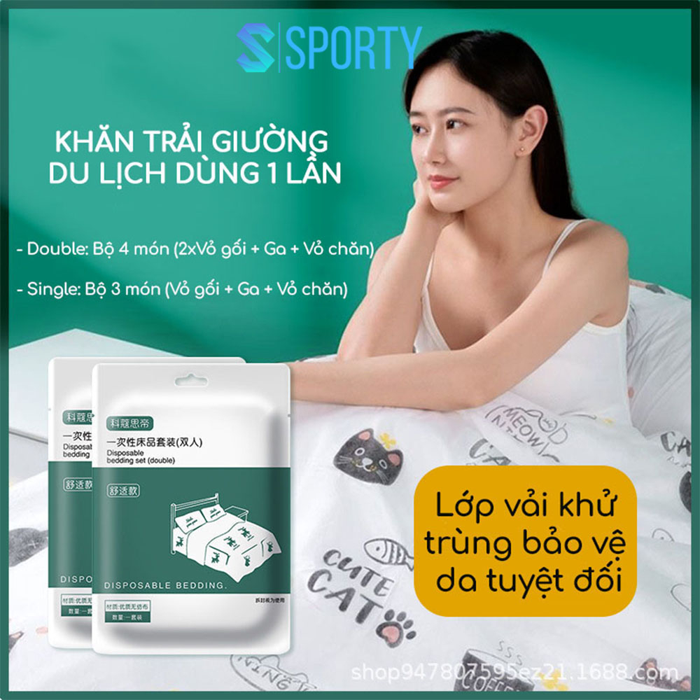 Bộ chăn ga vỏ gối du lịch dùng 1 lần SPORTY chất liệu vải không dệt mềm mại, không mùi, không màu, bảo vệ làn da bạn