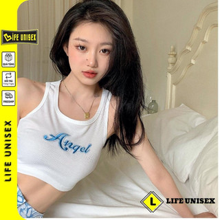 Áo croptop ba lỗ thêu chữ angel ôm body đẹp, áo thun croptop chất thun gân