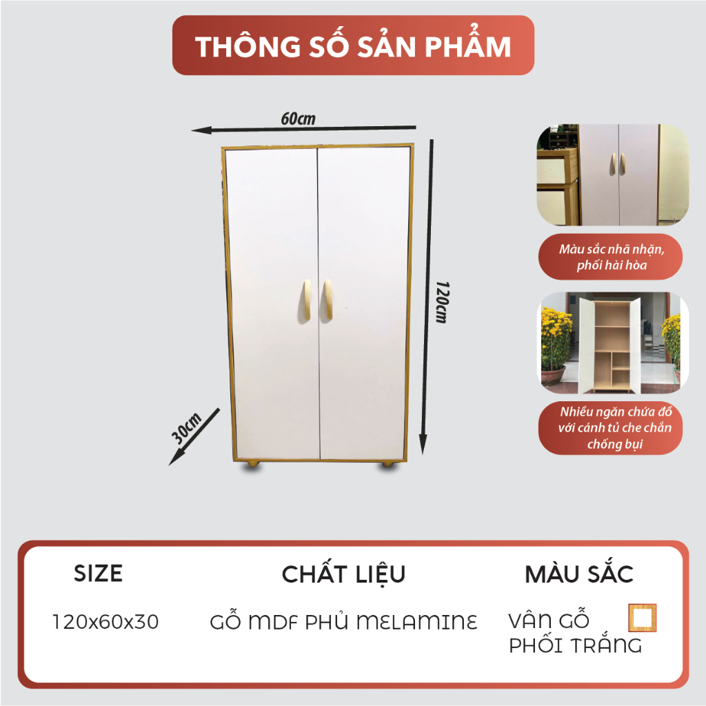 Tủ Quần Áo 2 Cánh KT 130X60X30 DQ HOME STORE - DQ139