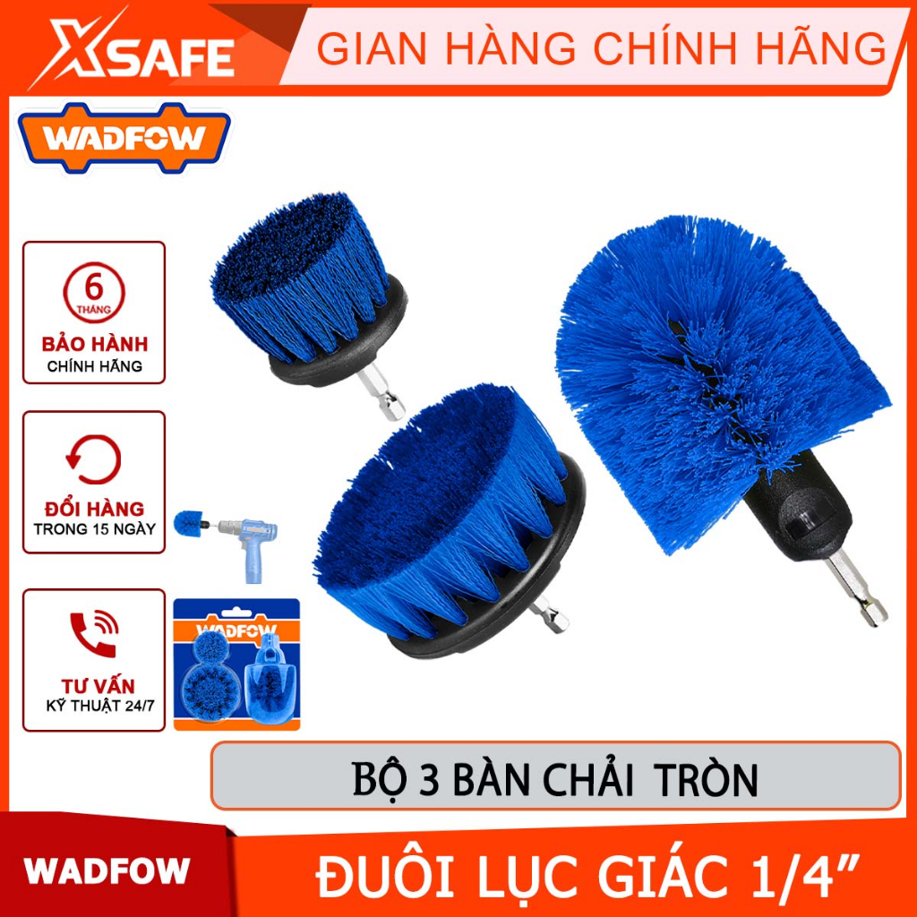 Bộ 3 bàn chải tròn lông thường WADFOW WND2403 chuôi lục giác 1/4", làm sạch sàn, sứ, đá granit, ngói, thảm
