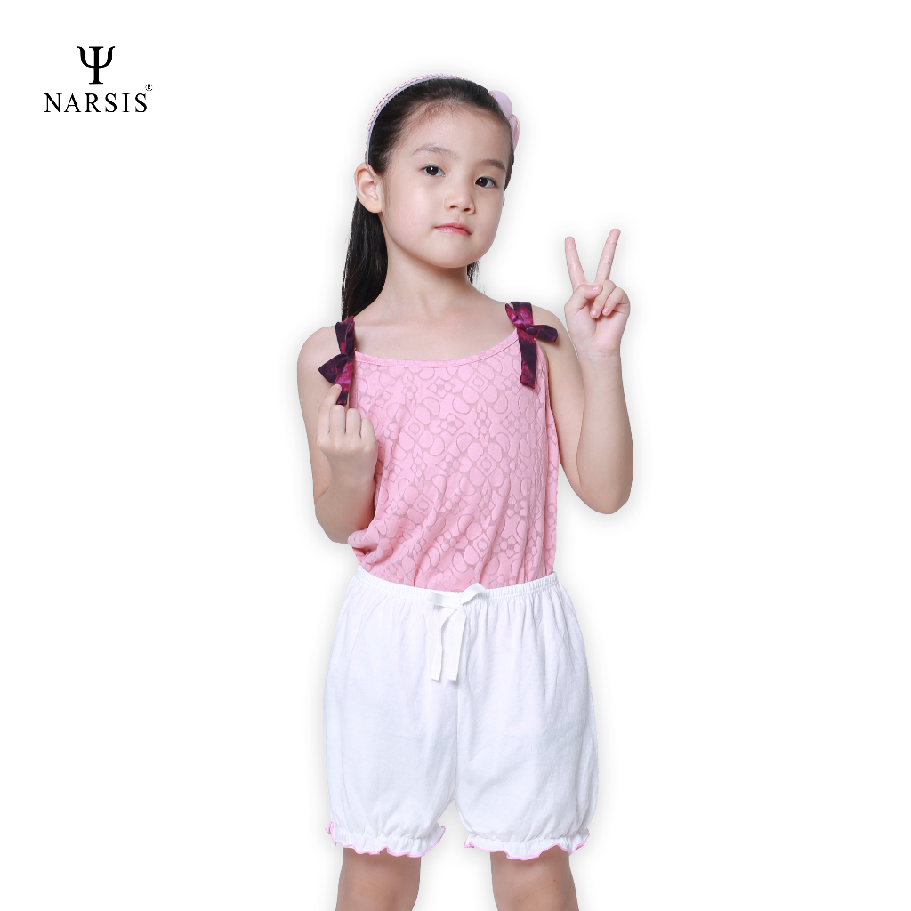 Quần Short bé gái hiệu NARSIS chất Cotton màu trắng phối chỉ xanh