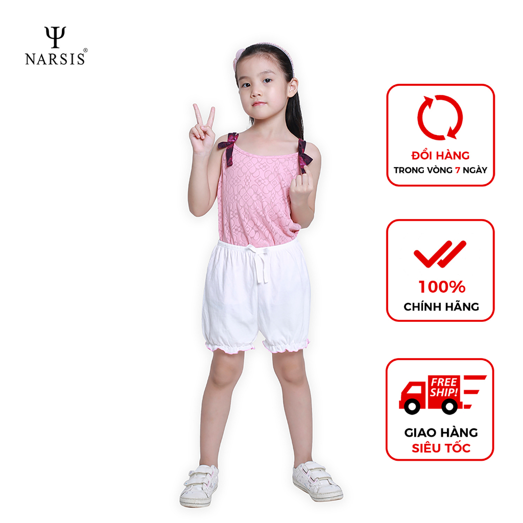 Quần Short bé gái hiệu NARSIS chất Cotton màu trắng phối chỉ xanh