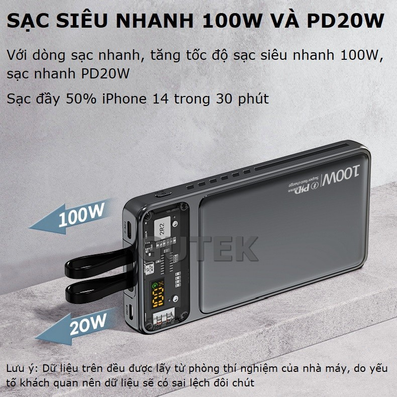 Sạc dự phòng 30000mah Gutek DX159 công suất nhanh 100w dung lượng pin lớn có sẵn dây cho điện thoại