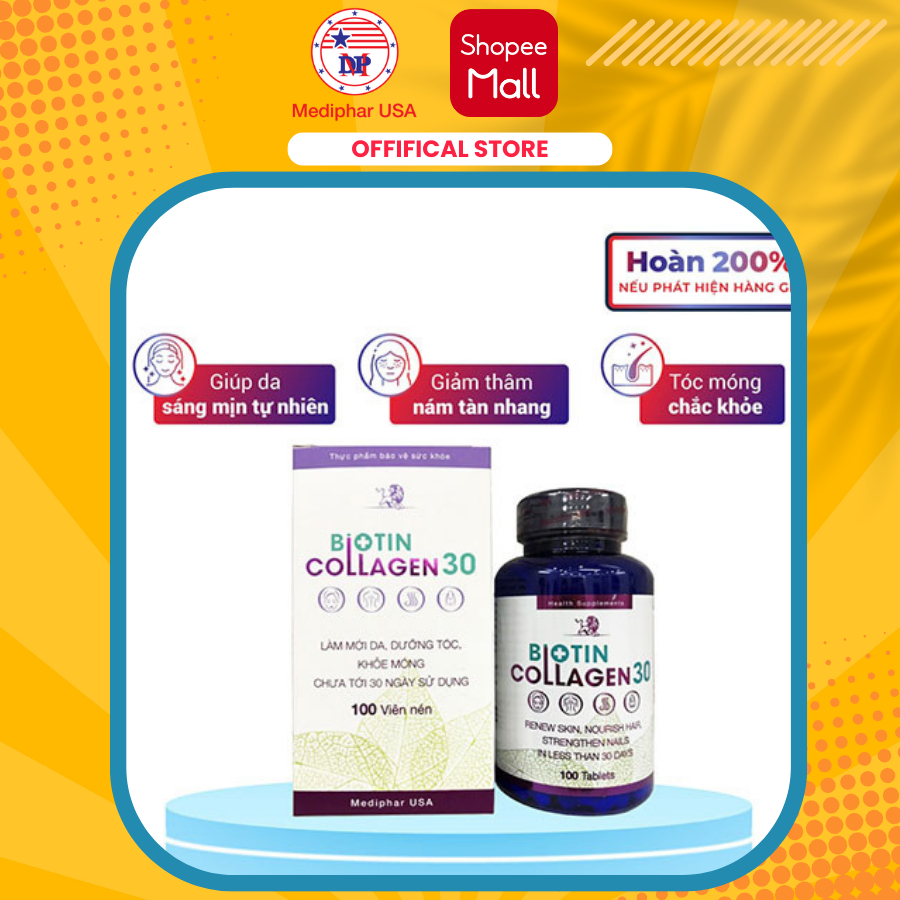 Biotin Collagen 30 - Viên uống đẹp da, hỗ trợ mọc tóc chuẩn GMP - Hộp 100 viên - CHÍNH HÃNG 100% MEDIPHAR USA