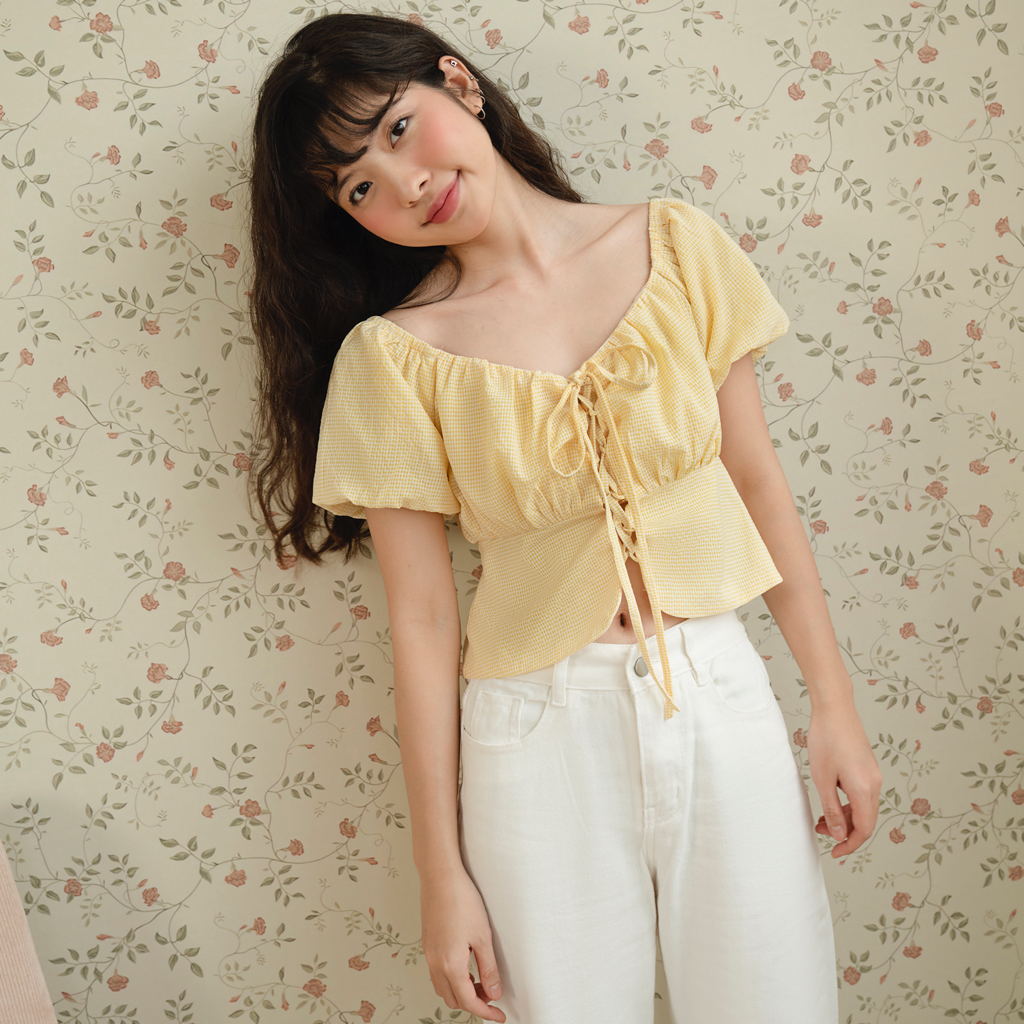 BLEUBIRD Áo vải caro dáng ngắn đan dây Crepe Top