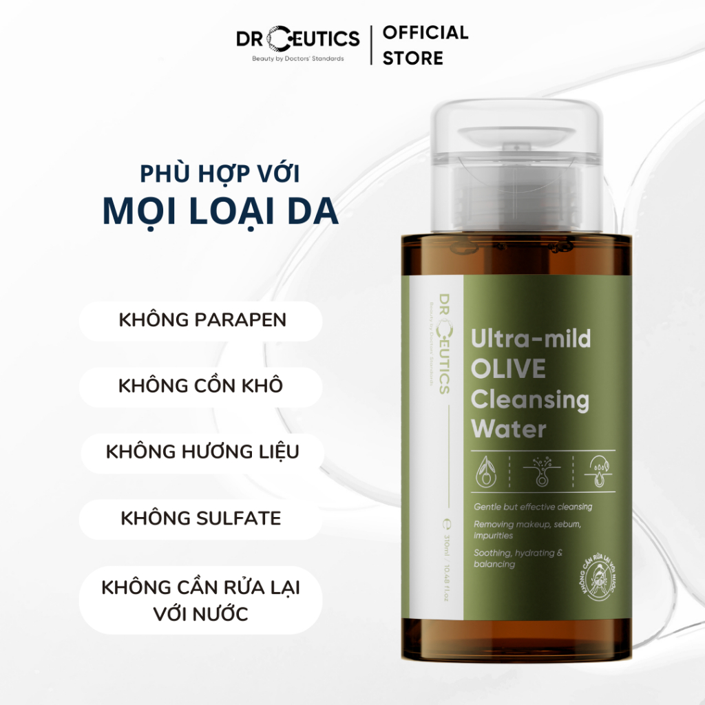 DRCEUTICS Nước Tẩy Trang Ultra-mild OLIVE Cleansing Water Cho Mọi Loại Da, Da Nhạy Cảm (310ml, 500ml)