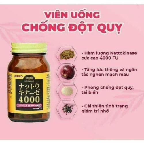 Viên uống Nattokinase Orihiro 4000FU hỗ trợ phòng chống đột quỵ và tai biến 60 viên